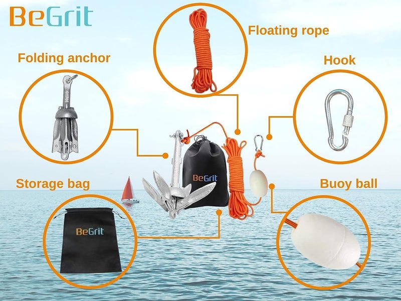 BeGrit مرساة قارب BeGrit بوزن 1.5 رطل - مرساة بحرية قابلة للطي للقوارب الصغيرة للصيد، الكاياك، لوح التجديف، الكانو، جت سكي، مع حبل سحب بطول 32.8 قدم وحقيبة حمل. - Image 3
